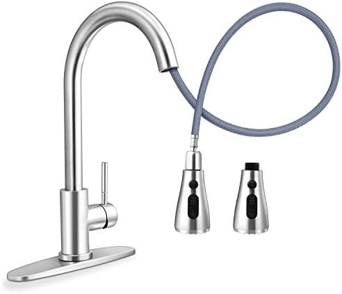 Homikit Kitchen Sink Faucet with 2 Spray Heads, 18/10 Stainless Steel Farmhouse Water Faucet with Pull Down Sprayer, Brushed Nickel RV Bar Laundry Utility Faucet Single Handle & Drip Free