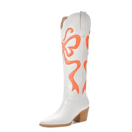 Cowgirl Boots - Womens Cowboy Boots with Colorful Bows Embroidered Western White Knee-High Boots Fashion Pull On Almond Toe Chunky Heel Country Tall Boots