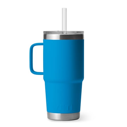 Image of YETI Rambler 25 oz Tumbler with Handle and Straw Lid, Travel Mug Water Tumbler, Vacuum Insulated Cup with Handle, Stainless Steel, Big Wave Blue