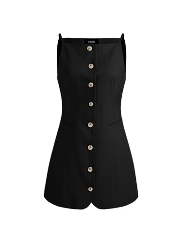 CIDER Mini Dress Button Down Sleeveless Linen Blend Boat Neck Dresses for Women Daily Casual Short Dress