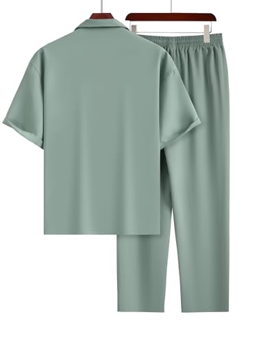 Men’s 2-Piece Solid Color Set Short Sleeve Button-Down Shirt with Chest Pocket and Matching Pants2