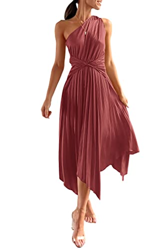Prettygarden Women's Summer Long Satin Dress One Shoulder Sleeveless Ruched Twist Flowy Maxi Dresses (Bean Paste Pink,Medium) #TOP11