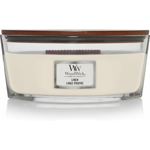 WoodWick ellipsenförmige Duftkerze mit knisterndem Docht | Linen | Brenndauer bis zu 50 Stunden