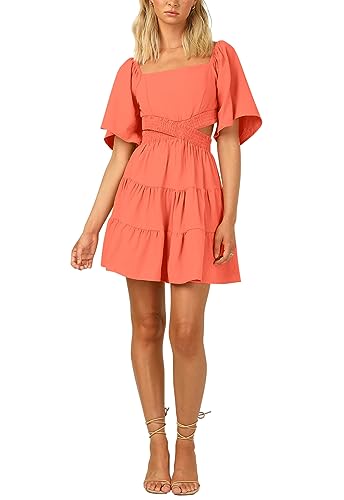 OWNGIGI Women's Summer Dresses Square Neck Short Sleeve Cutout Crossover Elastic Waist Casual Party A-Line Mini Dress3