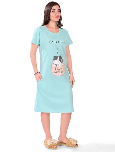 Image of Printed Knee Length Pocket Night Dresses for Women | Cat Lover | Premium Soft Cotton Nighty | Blue and Maroon