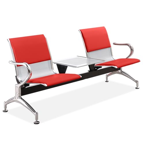 ASerZenith 2Seat Waiting Room Chairs With Coffee Table Pu Leather Office Bench Seating Yellow Guest Chairs With Arms For Reception Gym Airport,Red-175Cm/69In