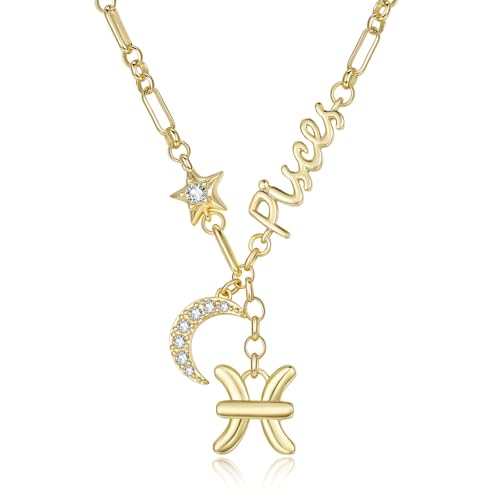 Pisces Zodiac Necklace for Women Fish Horoscope Constellation Pendant 14K Gold Plated Star Sign Jewelry with Crescent Moon Dreamy Birthday Gifts for Her Wife Daughter Sister Mom