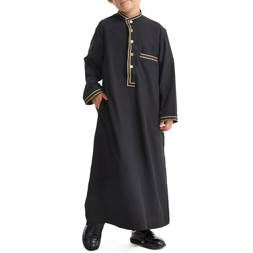 Kids Boys Muslim Kaftan Long Sleeve Stand Collar Muslim Thobe Arabic Robe Solid Color Ramadan Eid Outfits With Pocket3