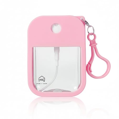 Image of House of Quirk 38ml Portable Card Spray Bottle - Refillable Perfume & Sanitizer Mist Sprayer with Hook (Pink)