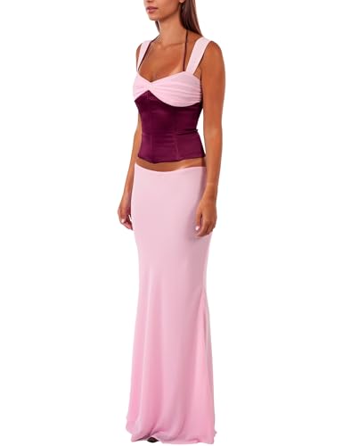 Women’s 2 Piece Skirts Sets Sweetheart Ruched Criss-Corss Tie Up Crop Top and Maxi Skirts Streetwear Two Piece Sets Outfits2