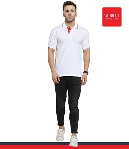 Image of Scott International Men's Organic Cotton Regular Fit Polo T-Shirt (White with Red, 2XL)