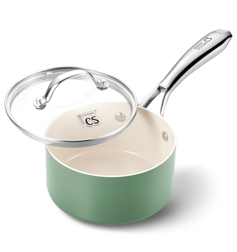 KOCH SYSTEME CS 1 Quart Saucepan with Lid, Nonstick Small Sauce Pan with Lid, PFAS-FREE Ceramic Saucepan for Healthy Cooking, Small Cooking Pots For Home Kitchen, Green