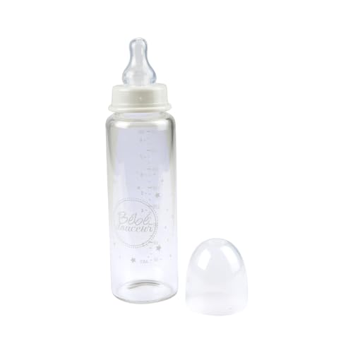 Bebe suave, Biberón de cuello estrecho de cristal y tetina de flujo variable de silicona, 240 ml, Essen'Ciel
