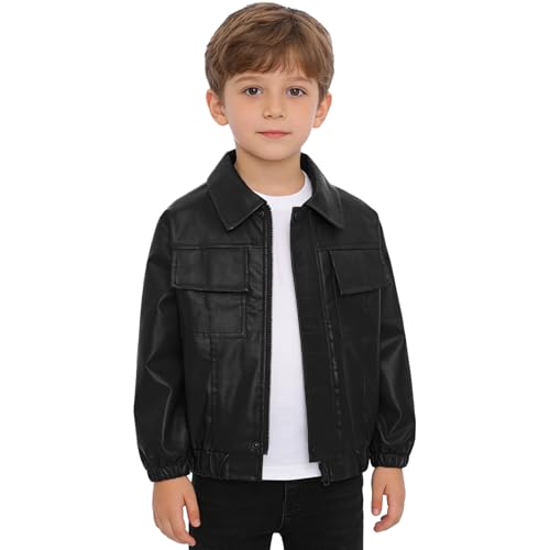 inhzoy Veste En Cuir Pour Garçon Fille Veste De Moto Mode Vêtements Plein Air Enfants Blousons De Biker En Faux Cuir Noir 7-8 ans