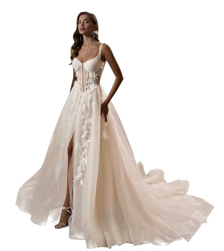 Zeeyecie Spaghetti Straps Tulle Wedding Dresses A-Line Lace Applique 3D Floral Bridal Gowns with Train for Brides