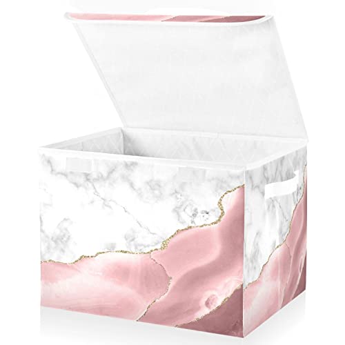 Mnsruu Storage Boxes with Lids, Rose Gold Marble Gilt Large Storage Basket Organizer Shelves Cube Bin Toy Clothes Underbed