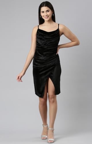 Image of SHOWOFFFF Women Solid Sheath Casual Dress | Cowl Neck Sleeveless Cotton Dress for Womens | Mini Dress for Women's
