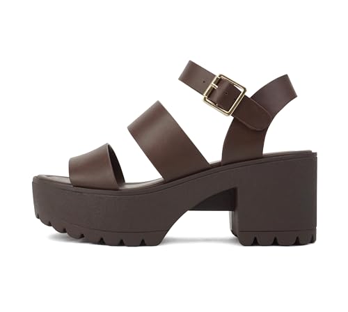 Soda ACCOUNT ~ Women Open Toe Two Bands Lug sole Fashion Block Heel Sandals with Adjustable Ankle Strap (Brown PU, us_footwear_size_system, adult, women, numeric, medium, numeric_10)
