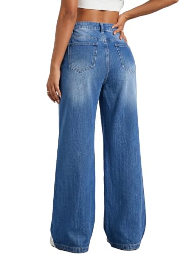 EMMIOL Baggy Jeans for Women High Waist Streetwear Stretchy Jeans Wide Leg Denim Pants Blue,S