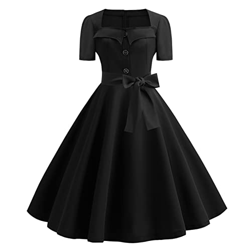 50er Rockabilly Petticoat Kleider Damen Retro Tupfen Druck Abendkleid Quadratischer Kragen Kurzarm Swing Kleid Partykleid Mit Bogen Knöpfe Ballkleid...