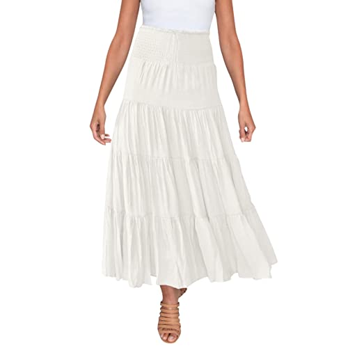 Negro Sexy Mujer Verano Mujer Elástica Cintura Alta Boho Maxi Falda Cordón, Línea A Falda Larga Tallas Grandes Mujer, Blanco, M