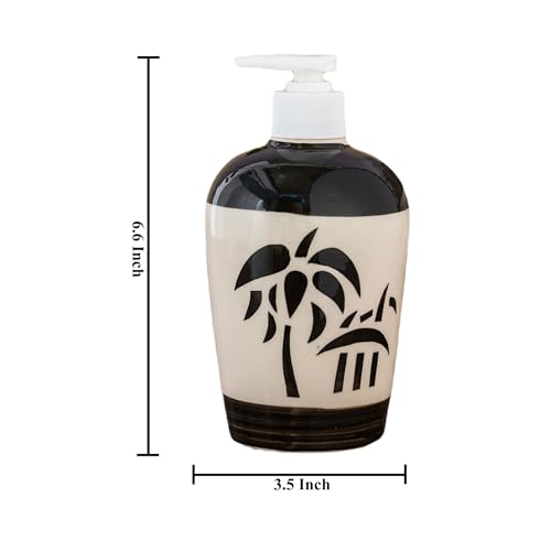 Image of Ceramic Liquid Soap Dispenser, 450 ml, Black Palm Leaf | Refillable Pump Bottle for Hand Wash, Lotion, Shampoo & Kitchen Use, 1 Piece