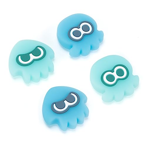 WISHAVEN Joycon - Tapas de agarre para pulgar compatibles con Splatoon Nintendo Switch, funda de silicona suave para Nintendo Switch/OLED/Lite Controller, 4 unidades, calamar y pulpo (luminoso, cian y