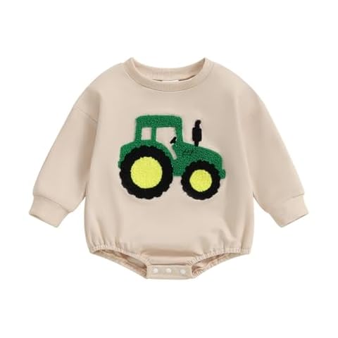 Sprifallbaby Infant Baby Boy Fall Clothes Long Sleeve Sweatshirt Bubble Romper Tractor Embroidery Onesie Cute Winter Outfits (Tractor Beige, 6-12 Months) Cover