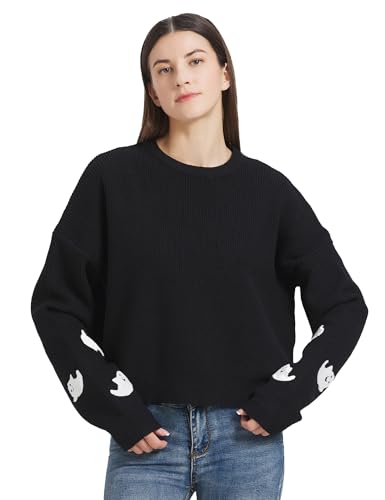SDEER Women's Ghost Pattern Pullover Sweater Round Neck Long Sleeve Knit Top Loose Fit Halloween Sweater Tops