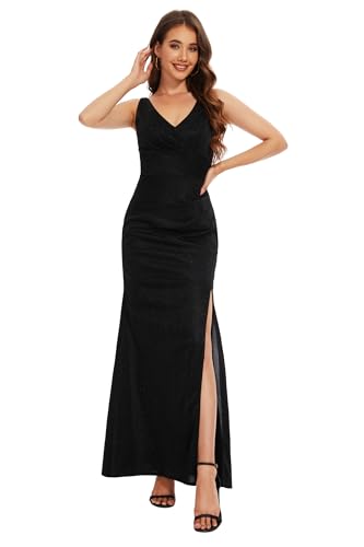 Formal Dresses V Neck Mermaid Prom Dress with Slit Long Cocktail Dress for Women Split Ruching Wedding Guests Dress