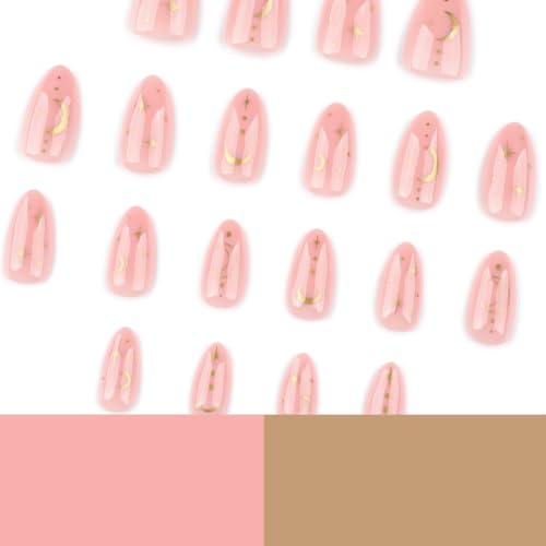 Image of Star Press on Nails Nude Fake Nails Medium Almond False Nail with Design Gold Moon Glue on Nails Artificial Acrylic Nail Full Cover Stick on Nail for Women Girls Manicure 24pcs