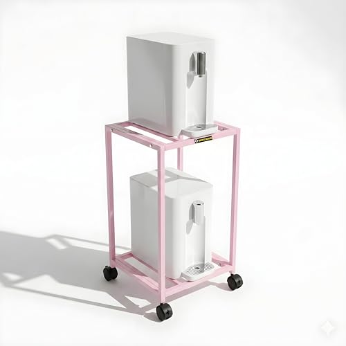 Image of 2-Tier Metal Water Dispenser Stand with Lockable Wheels ? Heavy-Duty Black Frame Cart for 20?25L Bottles, Cans & Jars | Multifunctional Kitchen & Home Storage and Mobility Solution(Pink)