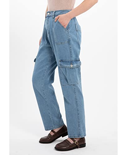 Women's Elastic Waist Straight Leg Relaxed Fit Cargo Jeans Utility Casual Denim Cargo Outdoor Pants3