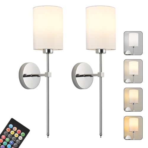 Image of Battery Operated Wall Sconces Set of Two, with Remote Control, Dimmable, 4 Color Temperatures, RGB, Timer, Wireless Rechargeable Wall Light for Living Room, Bedroom, Fireplace, 23.6 Inch, Chrome