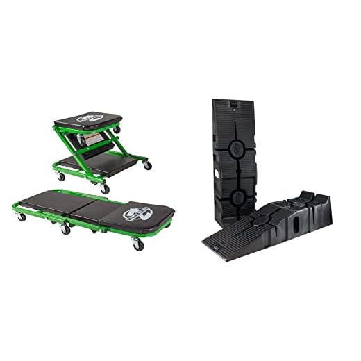 Pro-LifT C-2036DG Black/Green 300 Lbs Mechanic Creeper and FloTool 11909ABMI RhinoRamp Vehicle Ramp Pair