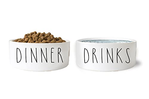 Dinner And Drinks Funny Farmhouse Ceramic Pet Food Bowls Set (Small)