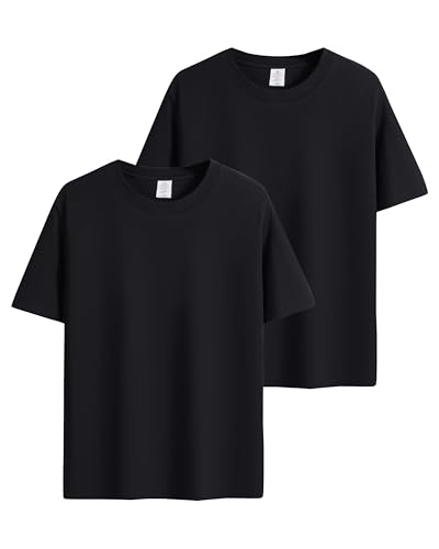 Sukinana Tシャツ メンズ 半袖 2枚組 ヘビーウェイト ハイクオリティー 綿100% ゆったり クルーネック 柔らかい 吸汗速乾 無地 複数色選び 男女兼用 (JP, アルファベット, L, ブラック)