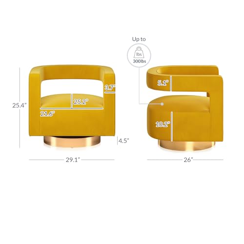 Image of BELLEZE Swivel Barrel Accent Chair Set of 2, Modern Upholstered Arm Comfy Velvet Curved Back Round Chair with Gold Base Wood Frame, 360 Degree for Living Room Bedroom Office,Yellow