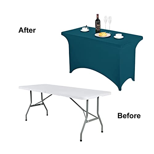 Image of FORLIFE Spandex Table Cover - Fitted 4ft Rectangular Tablecloth, Stretch Patio Cover, Universal for Wedding, Banquet, Party (Peacock)