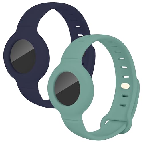 ZMHAZHM 2 Piece Set of Liquid Silicone is Suitable for AirTag Wrist and Backpack Anti Loss Straps, Compatible with AirTag, Green with Dark Blue, Suitable for pet Collars, Luggage Travel Accessories