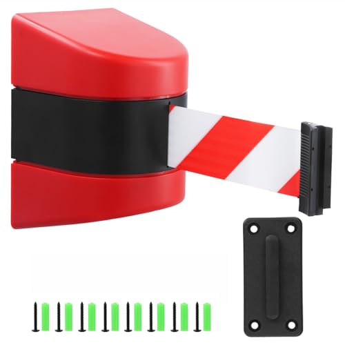 QWORK® 10m Einziehbare Gürtelbarriere mit ABS-Kunststoff-Wandgehäuse, Rot/Weiß Absperrband mit Verriegelungsfunktion für Menschenmengenkontrolle bei Veranstaltungen