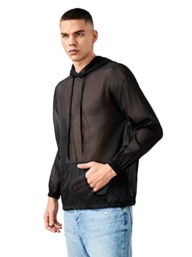 WDIRARA Men's Sheer Mesh See Through Drawstring Long Sleeve Hoodie