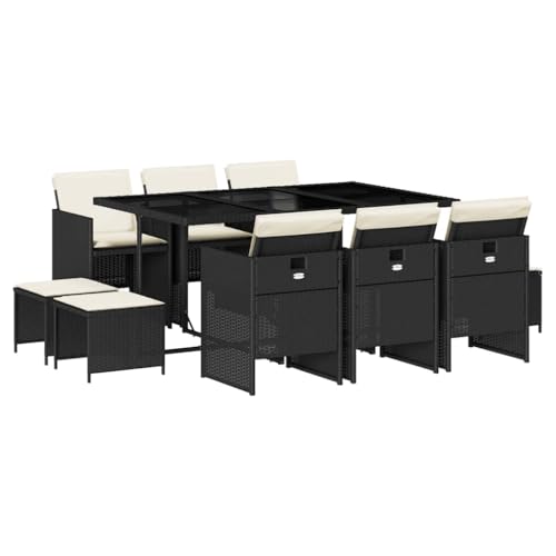 QJBSAVVA Salon de jardin 11 pièces avec coussins noirs en polyrotin pour 10 personnes, table à manger avec plateau en verre, système de cubes peu...