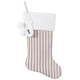 JKSVE 19.5 Inch Vintage Cream Vertical Stripe Christmas Stocking w/Poms, Personalized Wooden Initial Monogram Christmas Stocking, Christmas Party Family Decor