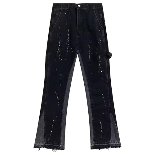 Men's Stacked Jean Flare Patch Ripped Stretch Rock Jean Distressed Destroyed Slim Fit Straight Leg Denim Pants3