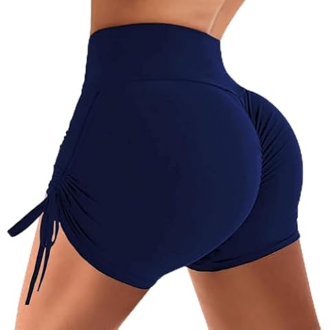 HAWILAND Women Gym Shorts Ruched Butt Adjustable Short Pants Drawstring Side V Waist Athletic Shorts Running Short Navy Blue Cover