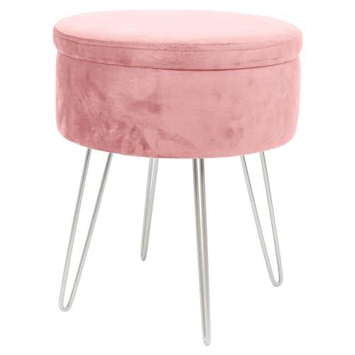 Harbour Housewares Velvet Round Foot Stool with Storage - Pink with Silver Legs - Modern Dressing Table Pouffe Footstool Vanity Seats Vanity Chairs Footstools for Living Room, Bedroom