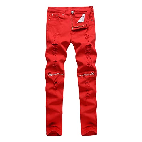 Men's Ripped Moto Biker Jeans Vintage Zipper Distressed Denim Pants Destroyed Slim Fit Stretch Pencil Jean