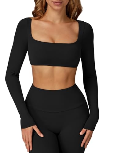 ABOCIW Women Square Neck Long Sleeve Workout Crop Top Low Medium Impact Athletic Yoga Gym Shirts with Built in Bra(ONLY TOP)