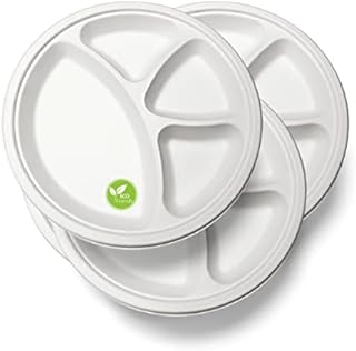 12" - 4 Compartment Super Rigid Paper Plates - Extra Strength White Disposable Bagasse Plates - Eco-Friendly, Biodegradable and Compostable - Perfect for Picnics, BBQs,and Parties (50)